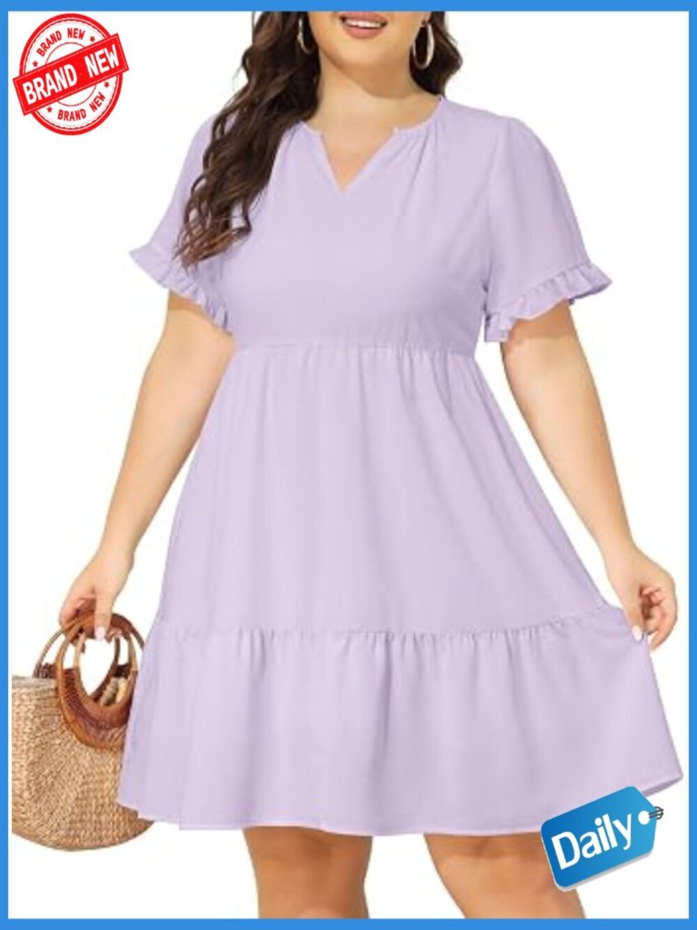 Plus Size Babydoll Tunic Dress V-Neck Short Ruffle Sleeve Tiered